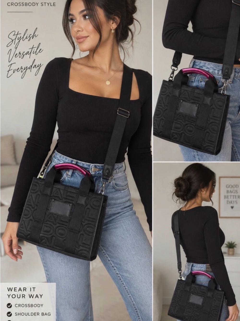 Aldo Black Crossbody Bag with Pink Accent Handle
